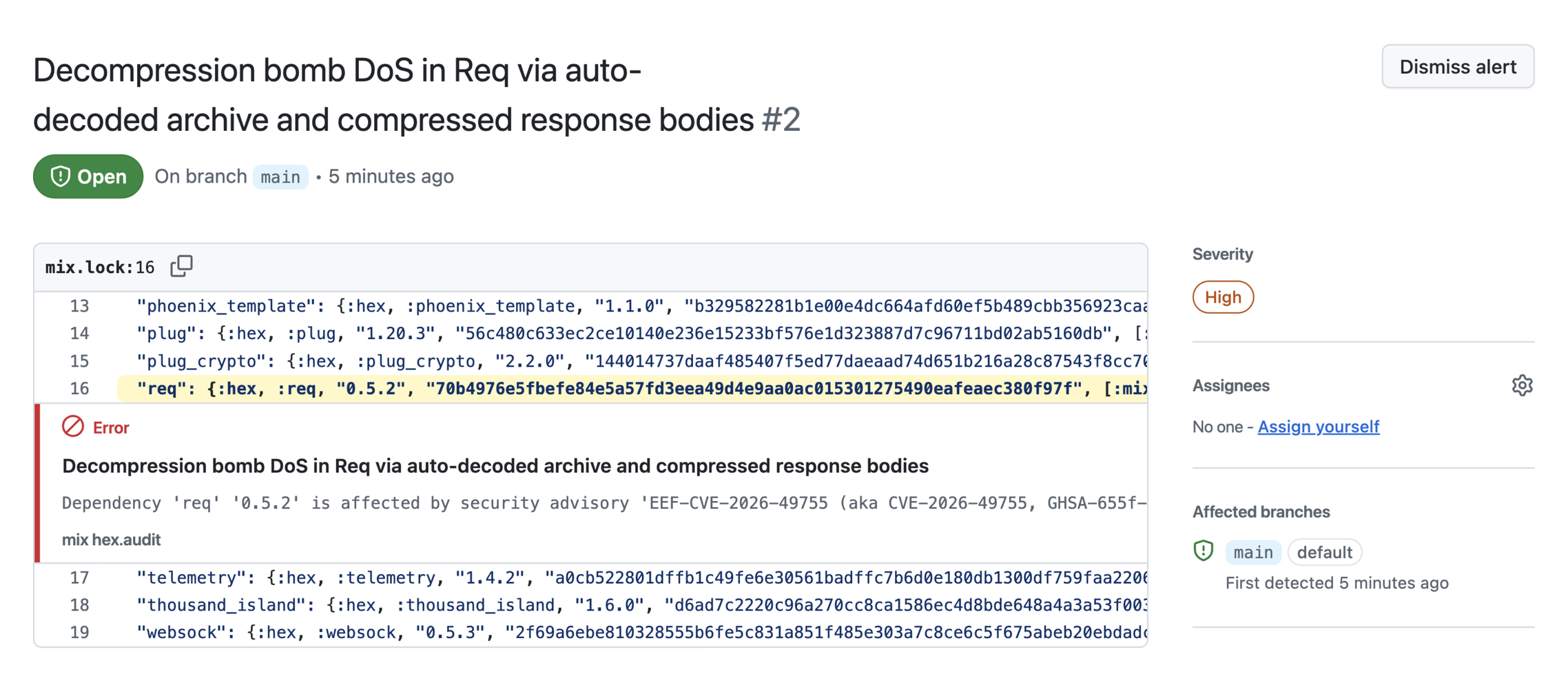 A Hex advisory shown as a GitHub code scanning alert on mix.lock