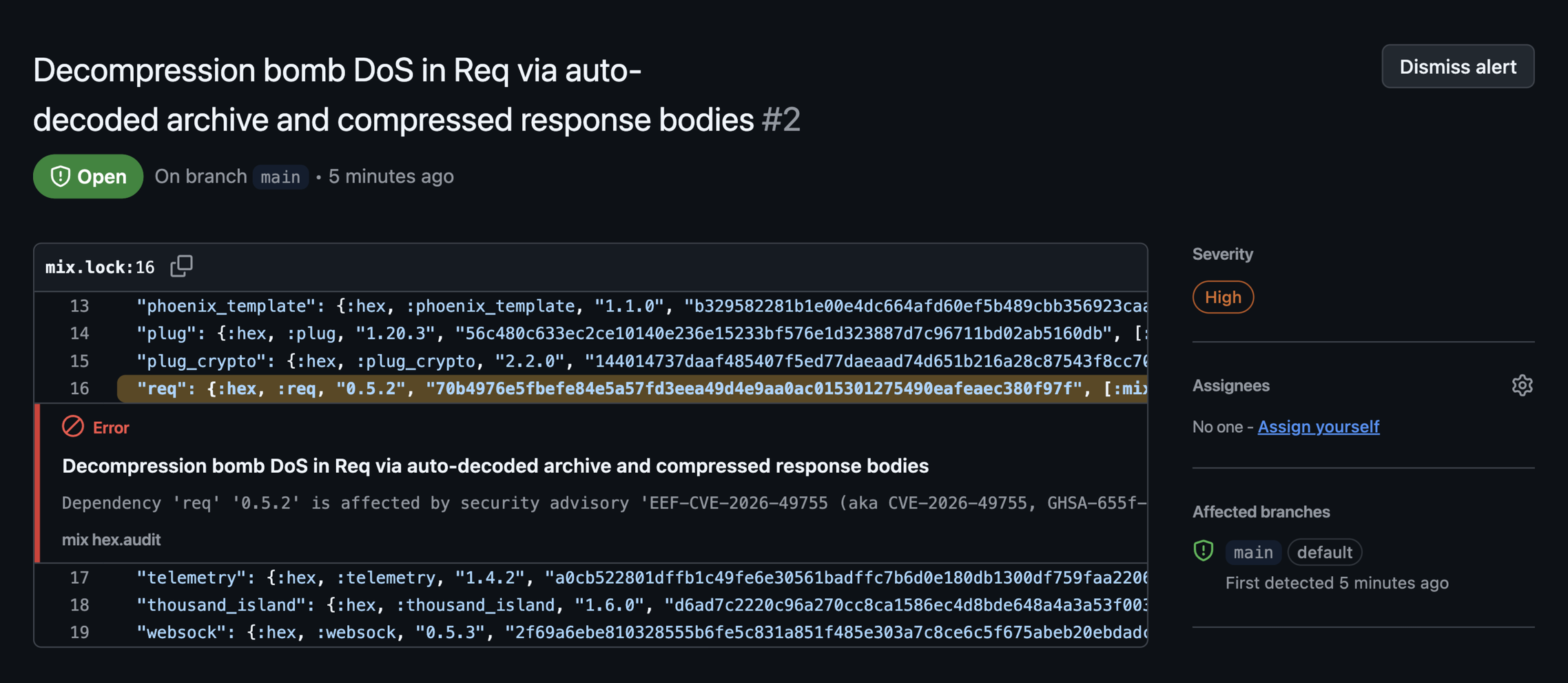 A Hex advisory shown as a GitHub code scanning alert on mix.lock